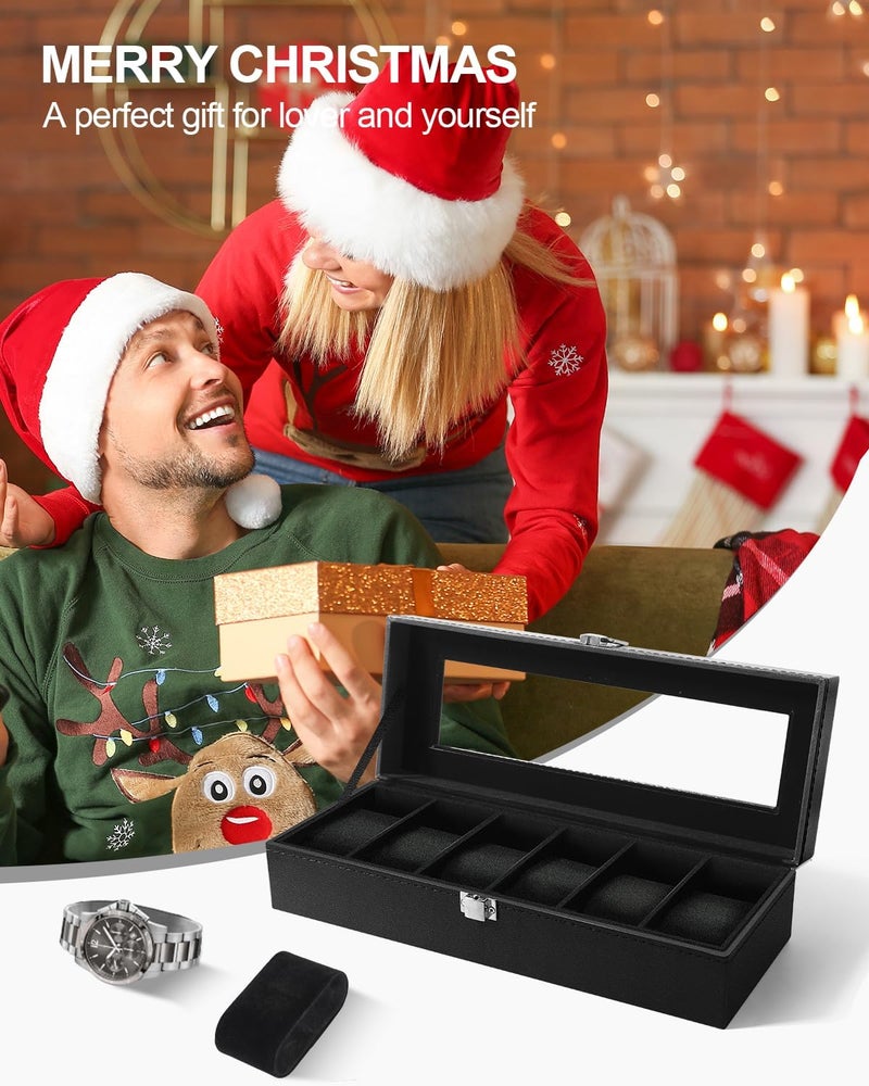 Uten Watch Box, 6 Slots Watch Case, Watch Organizer Jewelry Storage with Large Glass Lid, Black Lining, Watch Display Box for Men & Women Gift - Image 3